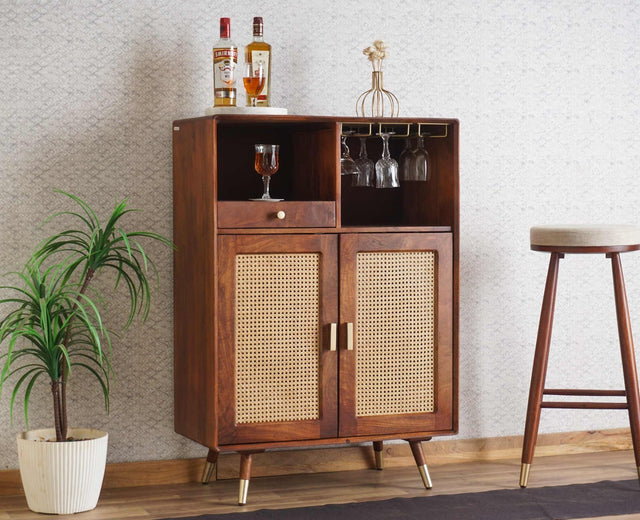 Boston Solid Wood Rattan Cane Bar Cabinet with Glass Holder Storage Furniselan Brown-Finish