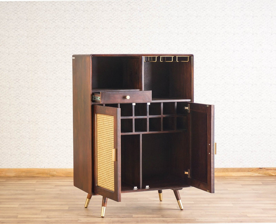Boston Solid Wood Rattan Cane Bar Cabinet with Glass Holder Storage Furniselan Grey-Finish
