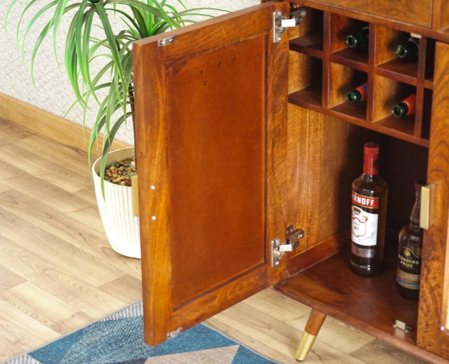 Boston Solid Wood Rattan Cane Bar Cabinet with Glass Holder Storage Furniselan Brown-Finish