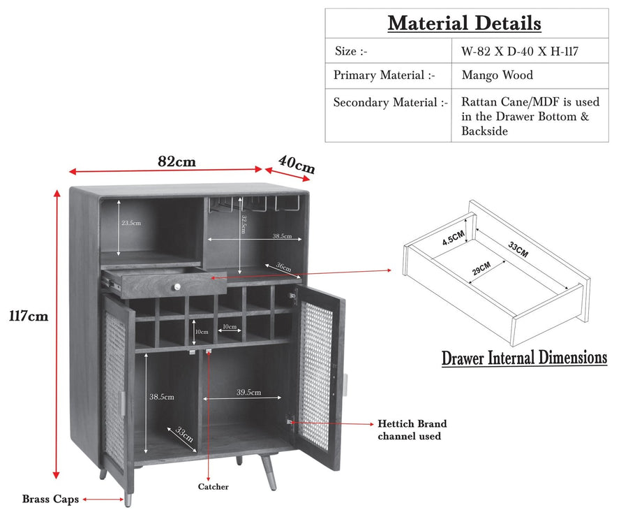 Boston Solid Wood Rattan Cane Bar Cabinet with Glass Holder Storage Furniselan Slate-Grey