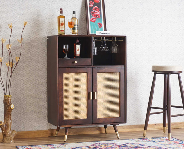 Boston Solid Wood Rattan Cane Bar Cabinet with Glass Holder Storage Furniselan Grey-Finish