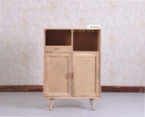 Boston Solid Wood Rattan Cane Bar Cabinet with Glass Holder Storage - Bar Cabinet - Furniselan Natural-Finish