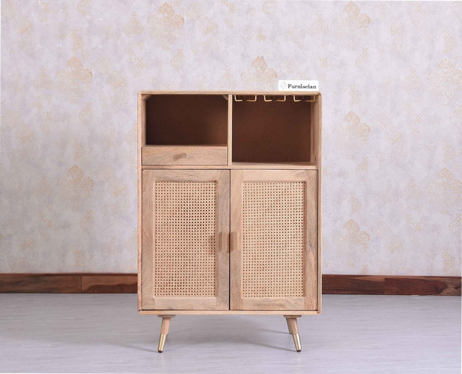 Boston Solid Wood Rattan Cane Bar Cabinet with Glass Holder Storage - Bar Cabinet - Furniselan Natural-Finish
