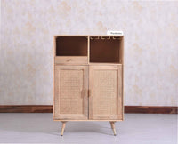 Boston Solid Wood Rattan Cane Bar Cabinet with Glass Holder Storage - Bar Cabinet - Furniselan Natural-Finish