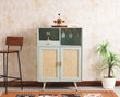 Boston Solid Wood Rattan Cane Bar Cabinet with Glass Holder Storage Furniselan Silt-Green
