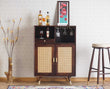 Boston Solid Wood Rattan Cane Bar Cabinet with Glass Holder Storage Furniselan Grey-Finish