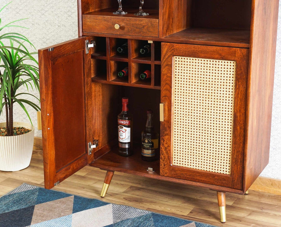 Boston Solid Wood Rattan Cane Bar Cabinet with Glass Holder Storage Furniselan Brown-Finish