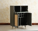 Boston Solid Wood Rattan Cane Bar Cabinet with Glass Holder Storage Multipurpose features Furniselan Slate Grey