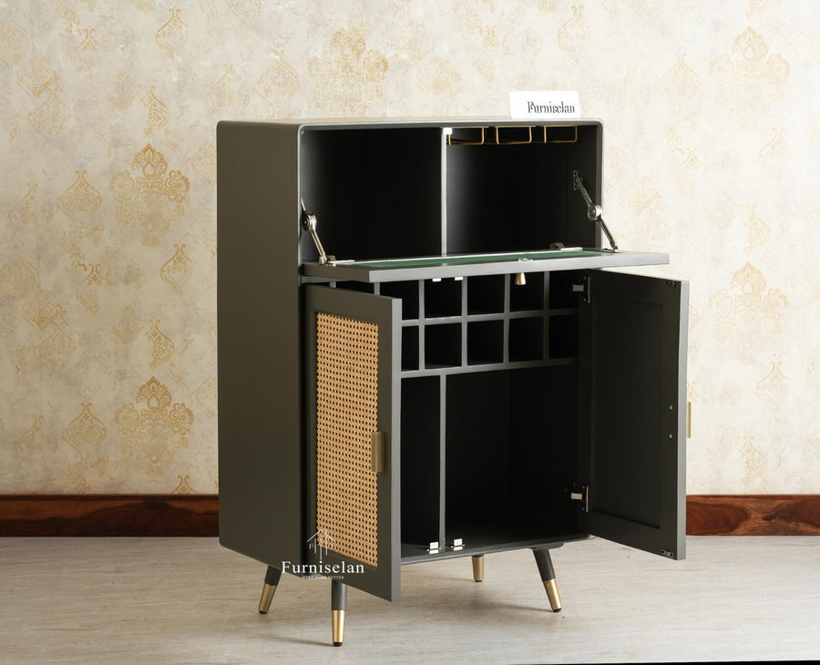 Boston Solid Wood Rattan Cane Bar Cabinet with Glass Holder Storage Multipurpose features Furniselan Slate Grey
