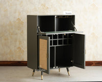 Boston Solid Wood Rattan Cane Bar Cabinet with Glass Holder Storage Multipurpose features Furniselan Slate Grey