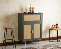 Boston Solid Wood Rattan Cane Bar Cabinet with Glass Holder Storage Multipurpose features Furniselan Slate Grey