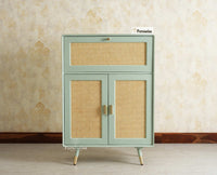 Boston Solid Wood Rattan Cane Bar Cabinet with Glass Holder Storage Multipurpose features Furniselan Silt Green