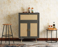 Boston Solid Wood Rattan Cane Bar Cabinet with Glass Holder Storage Multipurpose features Furniselan Slate Grey