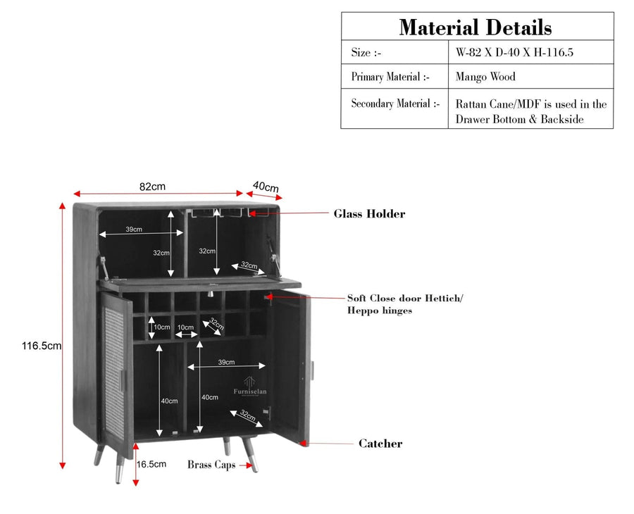 Boston Solid Wood Rattan Cane Bar Cabinet with Glass Holder Storage Multipurpose features Furniselan Natural Finish