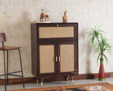 Boston Solid Wood Rattan Cane Bar Cabinet with Glass Holder Storage Multipurpose features - Bar Cabinet - Furniselan Grey-Finish
