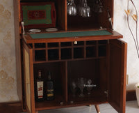 Boston Solid Wood Rattan Cane Bar Cabinet with Glass Holder Storage Multipurpose features - Bar Cabinet - Furniselan Brown-Finish