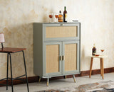 Boston Solid Wood Rattan Cane Bar Cabinet with Glass Holder Storage Multipurpose features Furniselan Cool Grey