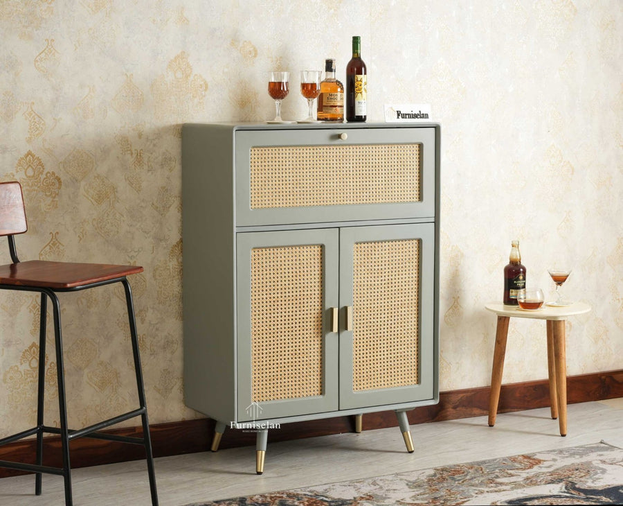 Boston Solid Wood Rattan Cane Bar Cabinet with Glass Holder Storage Multipurpose features Furniselan Cool Grey