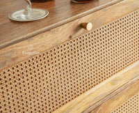 Boston Solid Wood Rattan Cane Bar Cabinet with Glass Holder Storage Multipurpose features Furniselan Natural Finish