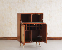 Boston Solid Wood Rattan Cane Bar Cabinet with Glass Holder Storage Multipurpose features - Bar Cabinet - Furniselan Brown-Finish