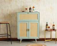 Boston Solid Wood Rattan Cane Bar Cabinet with Glass Holder Storage Multipurpose features Furniselan Silt Green