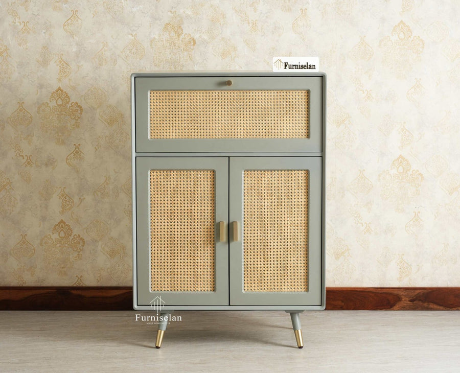 Boston Solid Wood Rattan Cane Bar Cabinet with Glass Holder Storage Multipurpose features Furniselan Cool Grey
