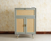 Boston Solid Wood Rattan Cane Bar Cabinet with Glass Holder Storage Multipurpose features Furniselan Cool Grey