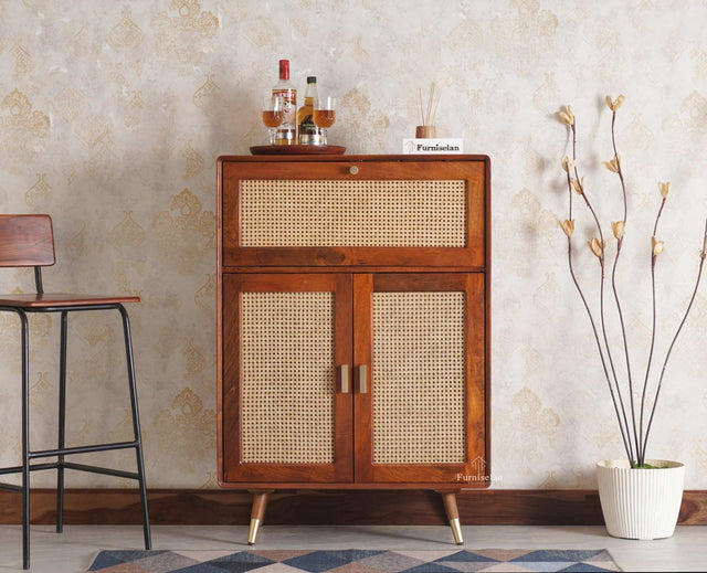 Boston Solid Wood Rattan Cane Bar Cabinet with Glass Holder Storage Multipurpose features - Bar Cabinet - Furniselan Brown-Finish