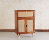 Boston Solid Wood Rattan Cane Bar Cabinet with Glass Holder Storage Multipurpose features - Bar Cabinet - Furniselan Brown-Finish