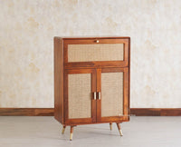 Boston Solid Wood Rattan Cane Bar Cabinet with Glass Holder Storage Multipurpose features - Bar Cabinet - Furniselan Brown-Finish