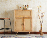 Boston Solid Wood Rattan Cane Bar Cabinet with Glass Holder Storage Multipurpose features Furniselan Natural Finish