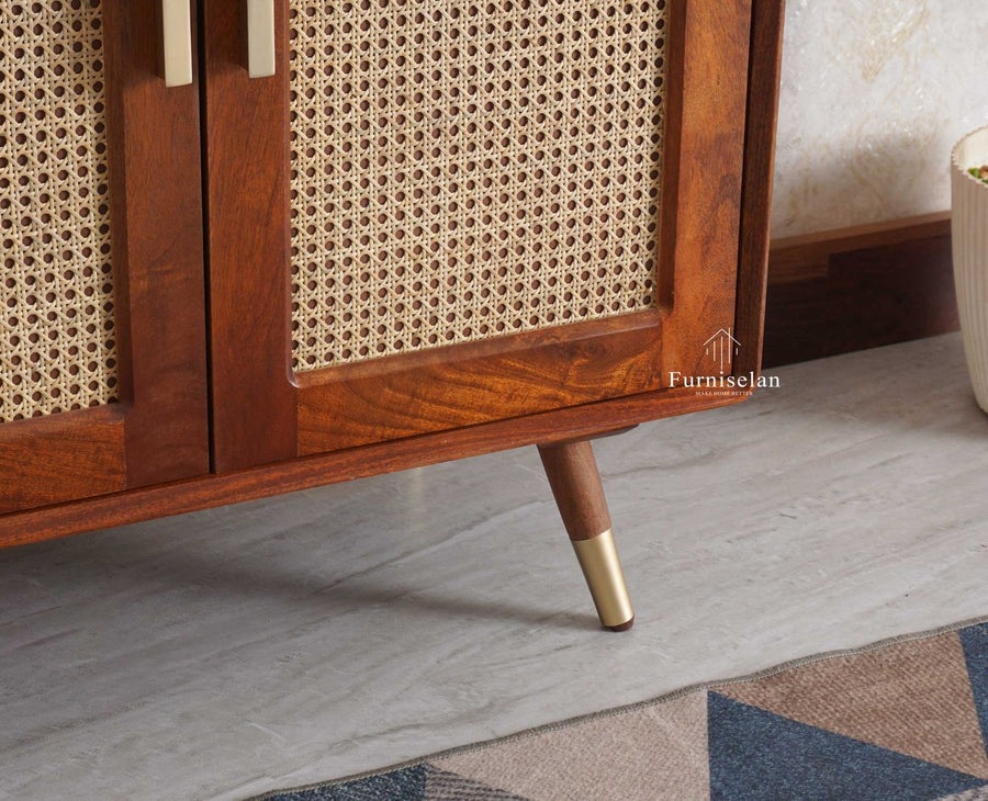 Boston Solid Wood Rattan Cane Bar Cabinet with Glass Holder Storage Multipurpose features - Bar Cabinet - Furniselan Brown-Finish