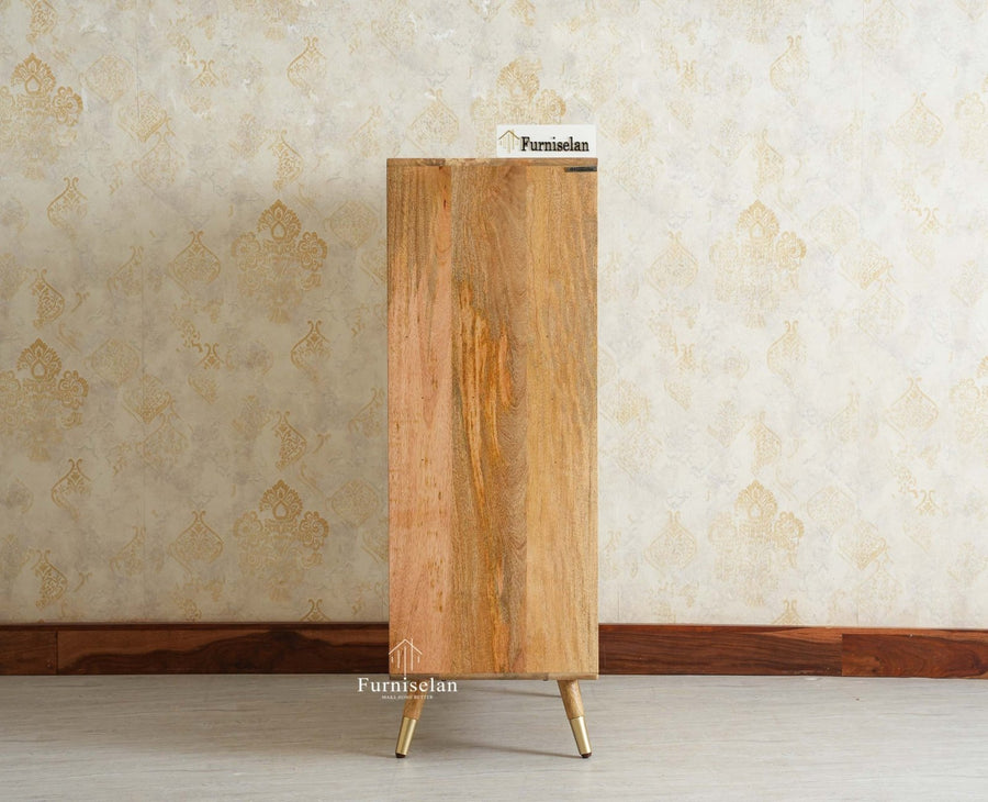 Boston Solid Wood Rattan Cane Bar Cabinet with Glass Holder Storage Multipurpose features Furniselan Natural Finish