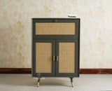 Boston Solid Wood Rattan Cane Bar Cabinet with Glass Holder Storage Multipurpose features Furniselan Slate Grey