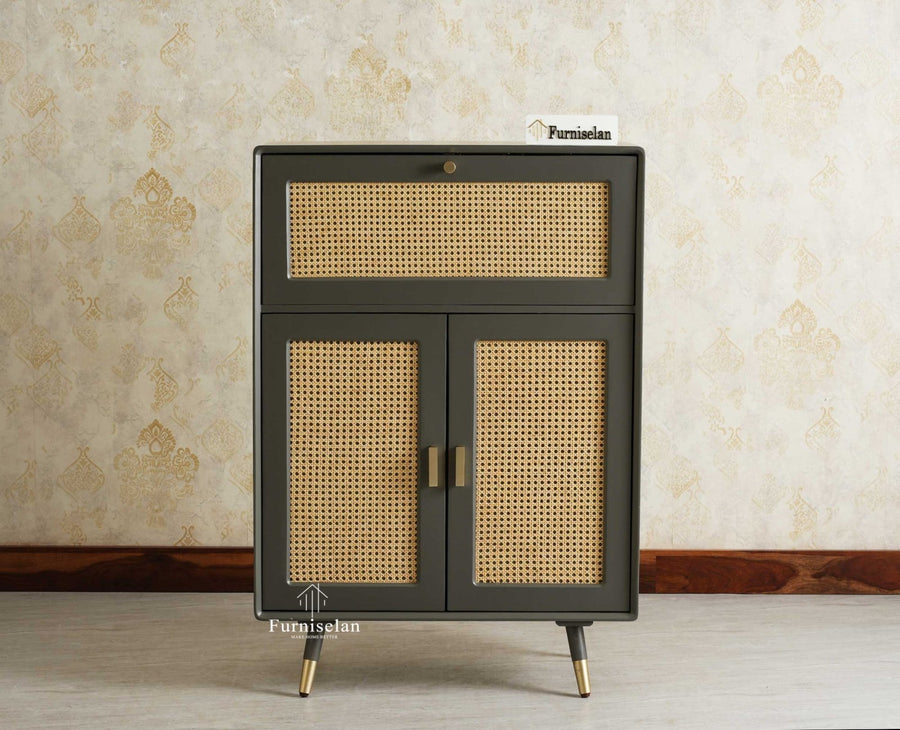 Boston Solid Wood Rattan Cane Bar Cabinet with Glass Holder Storage Multipurpose features Furniselan Slate Grey
