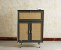 Boston Solid Wood Rattan Cane Bar Cabinet with Glass Holder Storage Multipurpose features Furniselan Slate Grey