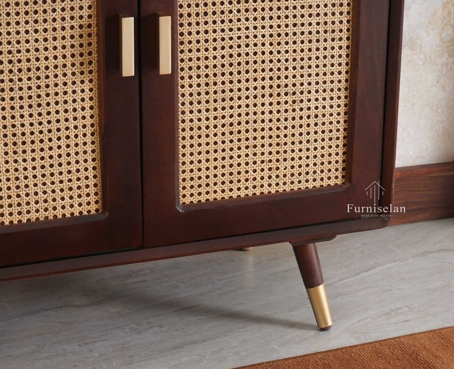 Boston Solid Wood Rattan Cane Bar Cabinet with Glass Holder Storage Multipurpose features - Bar Cabinet - Furniselan Grey-Finish