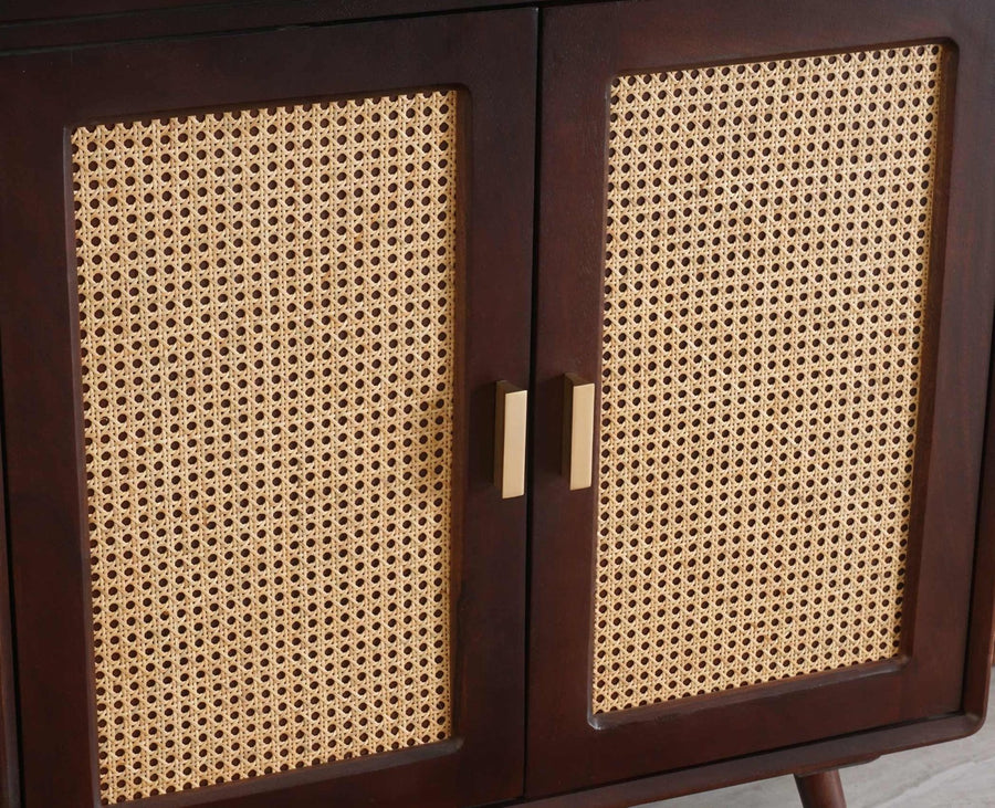 Boston Solid Wood Rattan Cane Bar Cabinet with Glass Holder Storage Multipurpose features - Bar Cabinet - Furniselan Grey-Finish