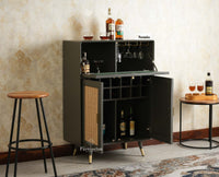 Boston Solid Wood Rattan Cane Bar Cabinet with Glass Holder Storage Multipurpose features Furniselan Slate Grey