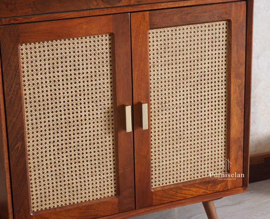 Boston Solid Wood Rattan Cane Bar Cabinet with Glass Holder Storage Multipurpose features - Bar Cabinet - Furniselan Brown-Finish