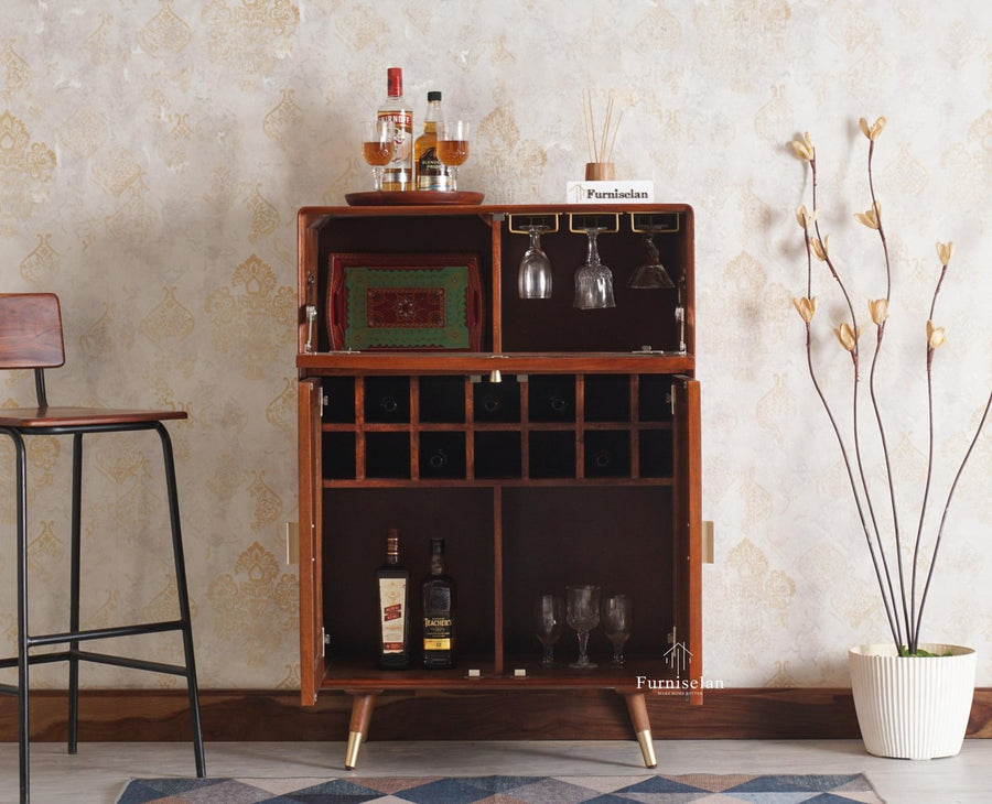Boston Solid Wood Rattan Cane Bar Cabinet with Glass Holder Storage Multipurpose features - Bar Cabinet - Furniselan Brown-Finish