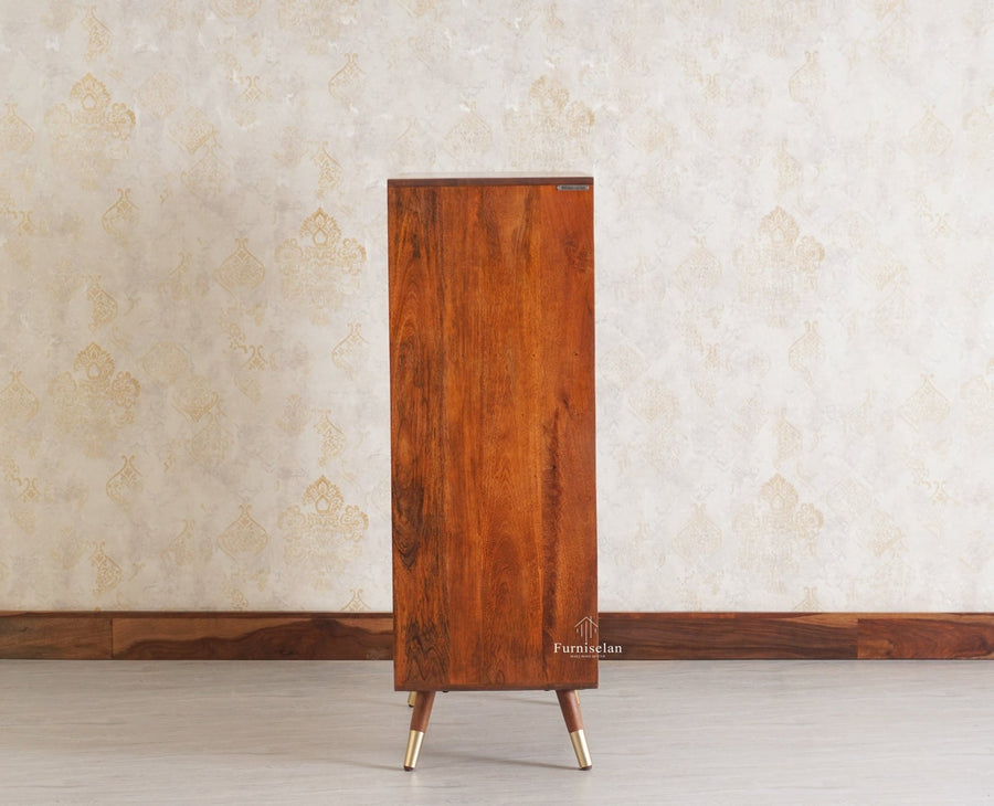 Boston Solid Wood Rattan Cane Bar Cabinet with Glass Holder Storage Multipurpose features - Bar Cabinet - Furniselan Brown-Finish