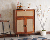 Boston Solid Wood Rattan Cane Bar Cabinet with Glass Holder Storage Multipurpose features - Bar Cabinet - Furniselan Brown-Finish