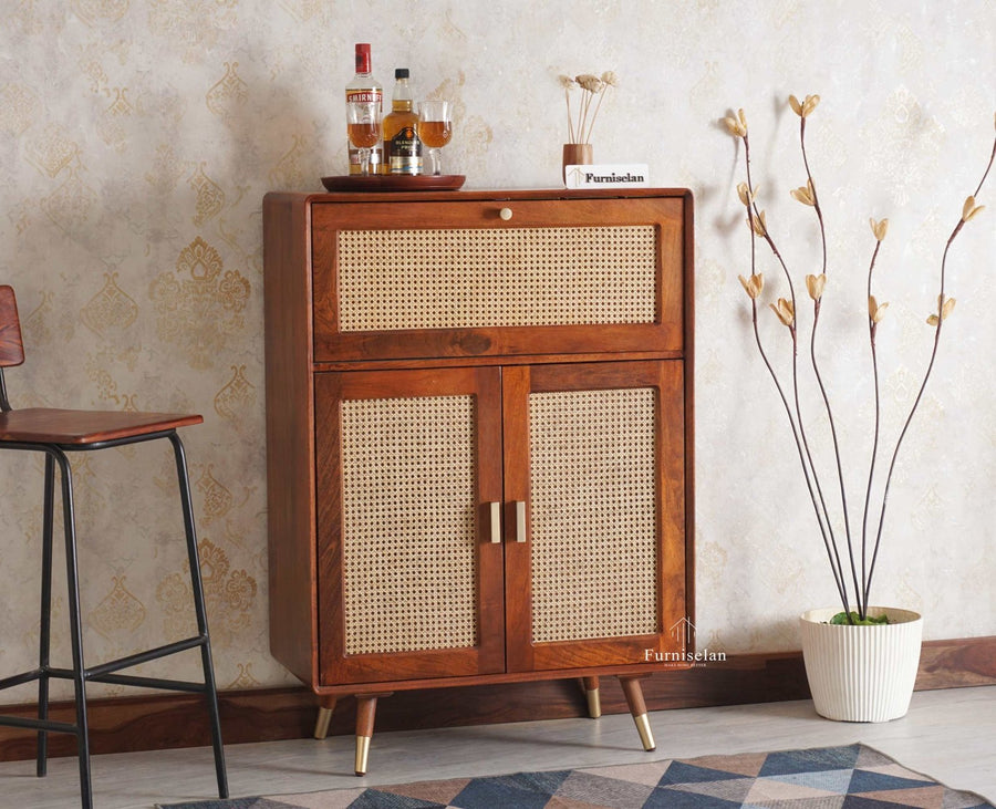 Boston Solid Wood Rattan Cane Bar Cabinet with Glass Holder Storage Multipurpose features - Bar Cabinet - Furniselan Brown-Finish
