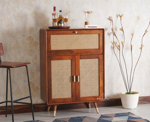 Boston Solid Wood Rattan Cane Bar Cabinet with Glass Holder Storage Multipurpose features - Bar Cabinet - Furniselan Brown-Finish
