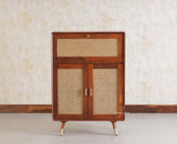 Boston Solid Wood Rattan Cane Bar Cabinet with Glass Holder Storage Multipurpose features - Bar Cabinet - Furniselan Brown-Finish