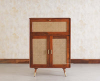Boston Solid Wood Rattan Cane Bar Cabinet with Glass Holder Storage Multipurpose features - Bar Cabinet - Furniselan Brown-Finish