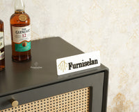 Boston Solid Wood Rattan Cane Bar Cabinet with Glass Holder Storage Multipurpose features Furniselan Slate Grey