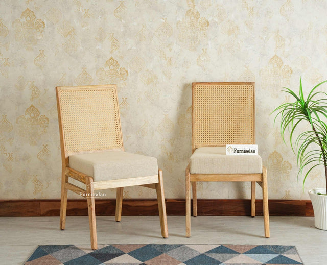 Boston Solid Wood Rattan Cane Chair Set of Two Furniselan Natural Finish