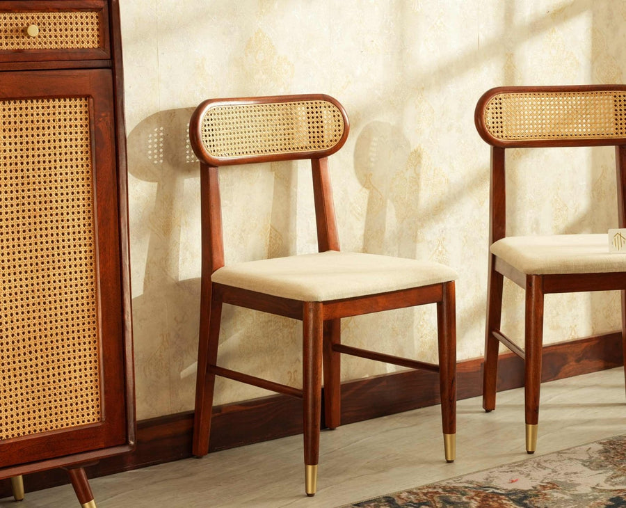 Boston Solid Wood Rattan Cane Dining Table Four Seater Set Square Furniselan Brown-Finish